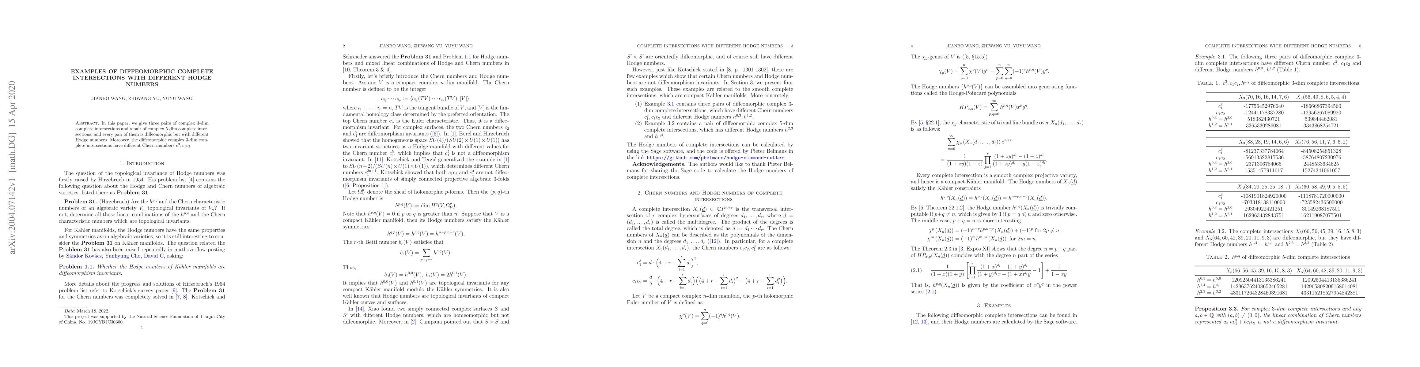 Thumbnail for Examples of diffeomorphic complete intersections with different Hodge
  numbers