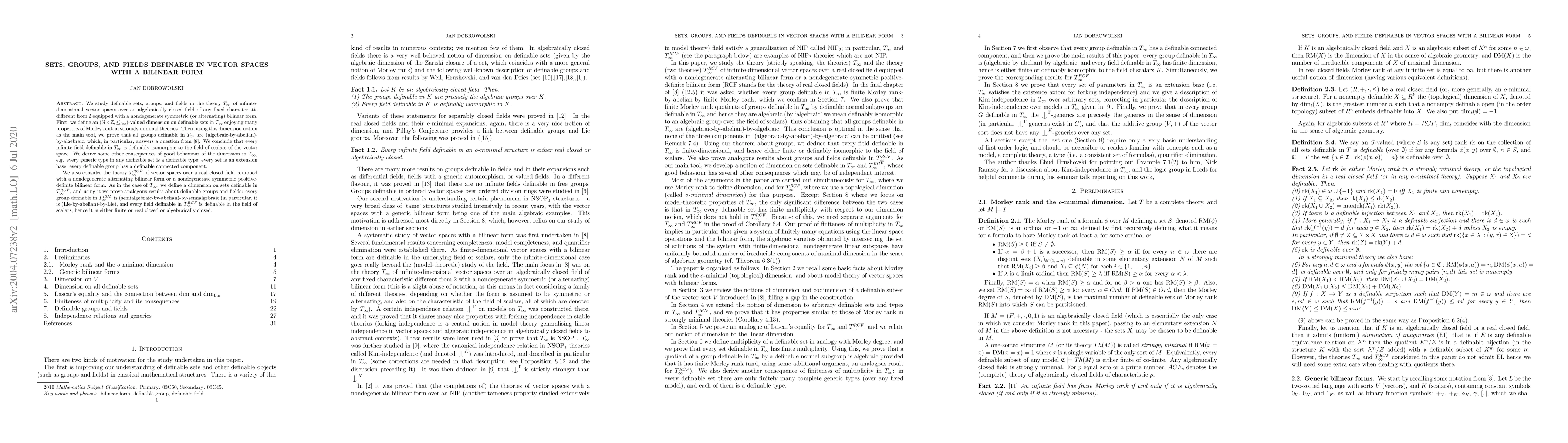Thumbnail for Sets, groups, and fields definable in vector spaces with a bilinear form
