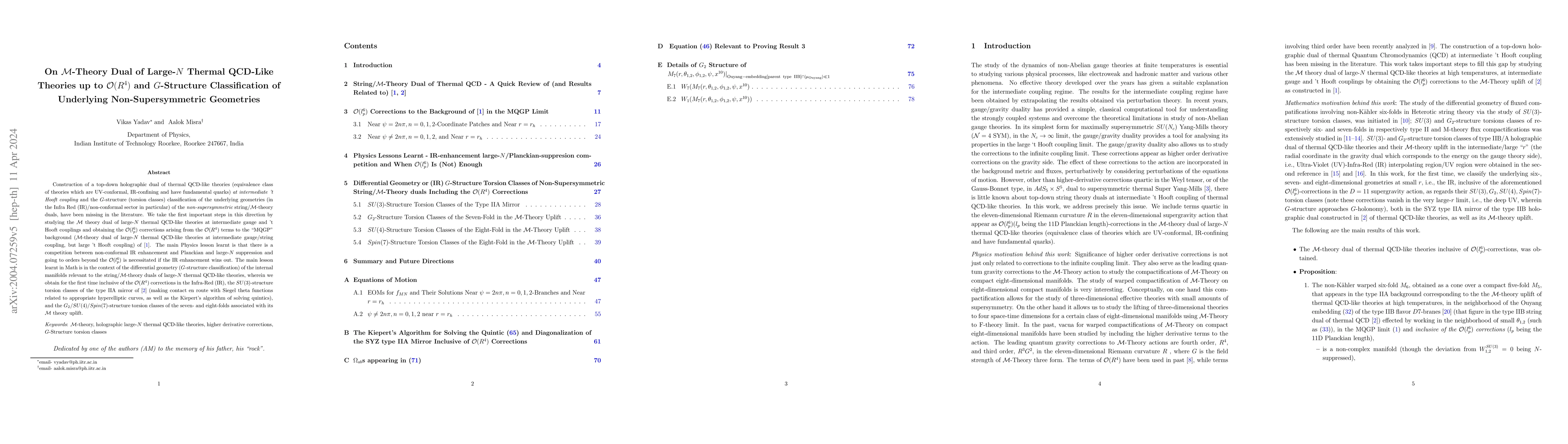 Thumbnail for On ${\cal M}$-Theory Dual of Large-$N$ Thermal QCD-Like Theories up to
  ${\cal O}(R^4)$ and $G$-Structure Classification of Underlying
  Non-Supersymmetric Geometries
