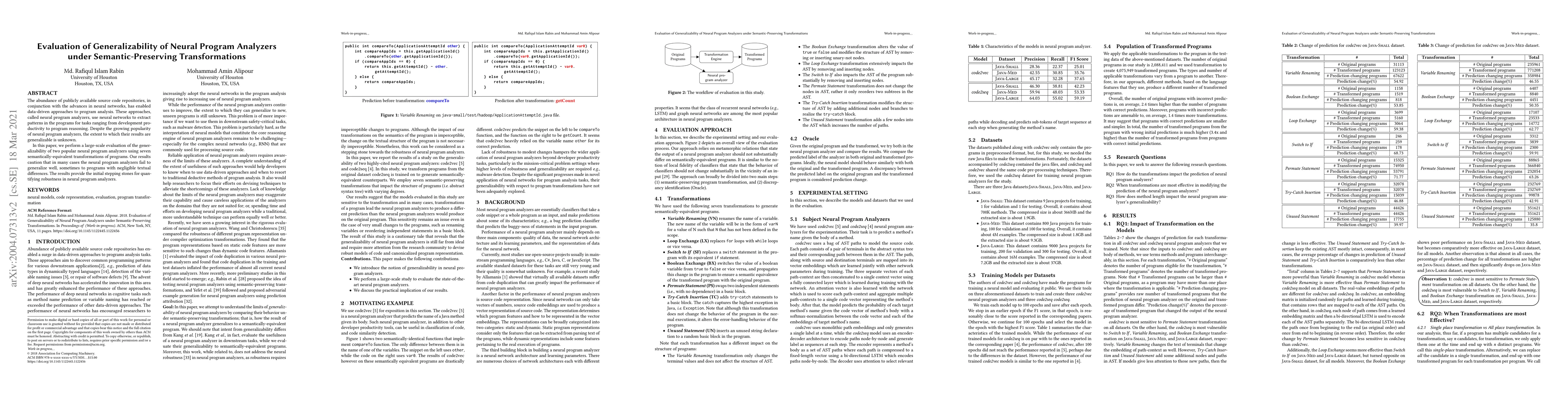 Thumbnail for Evaluation of Generalizability of Neural Program Analyzers under
  Semantic-Preserving Transformations