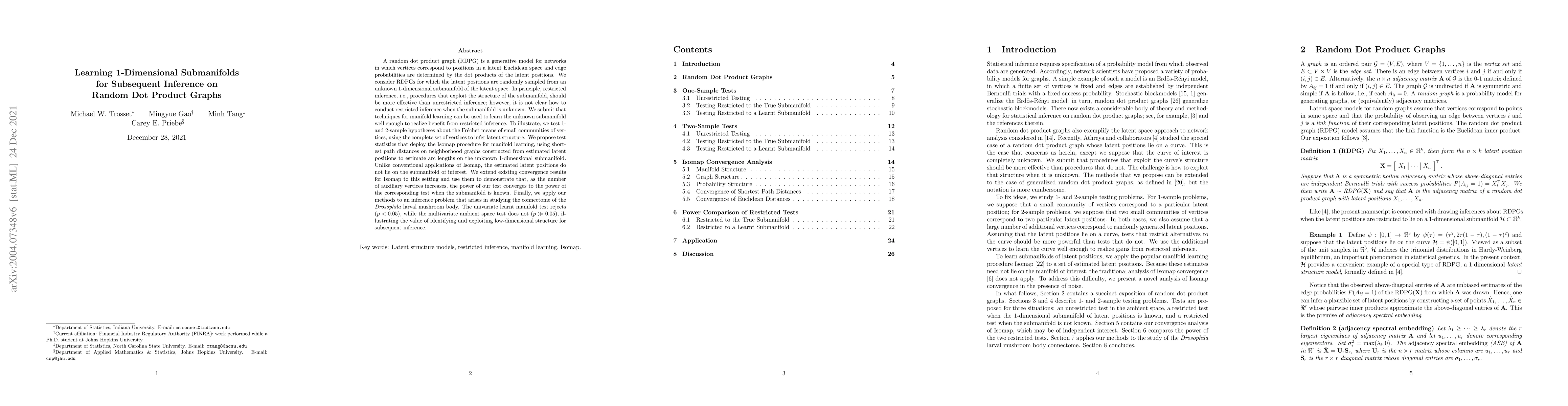 Thumbnail for Learning 1-Dimensional Submanifolds for Subsequent Inference on Random
  Dot Product Graphs