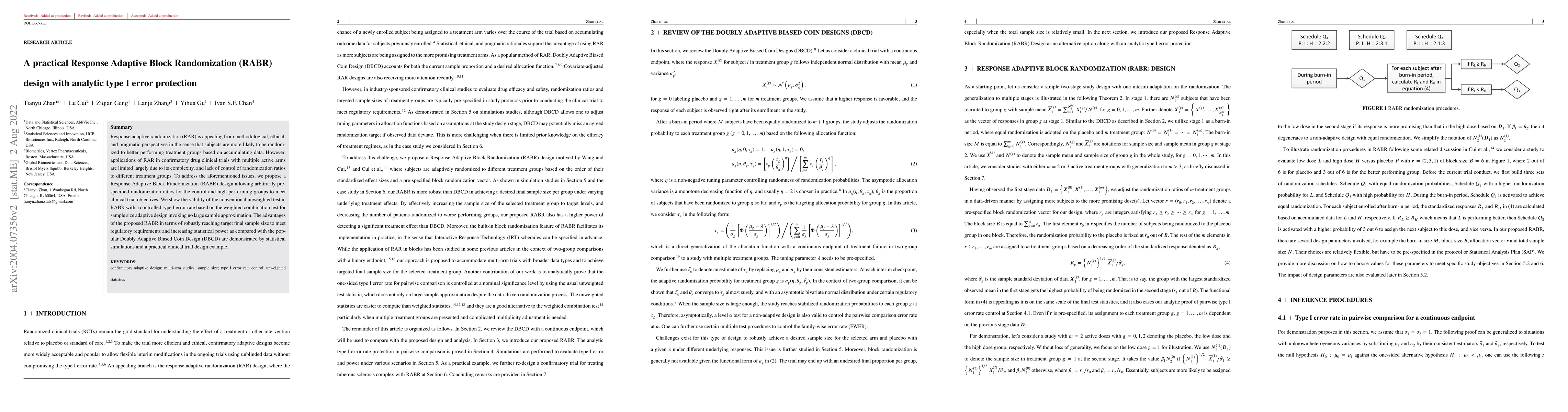 Thumbnail for A practical Response Adaptive Block Randomization (RABR) design with
  analytic type I error protection