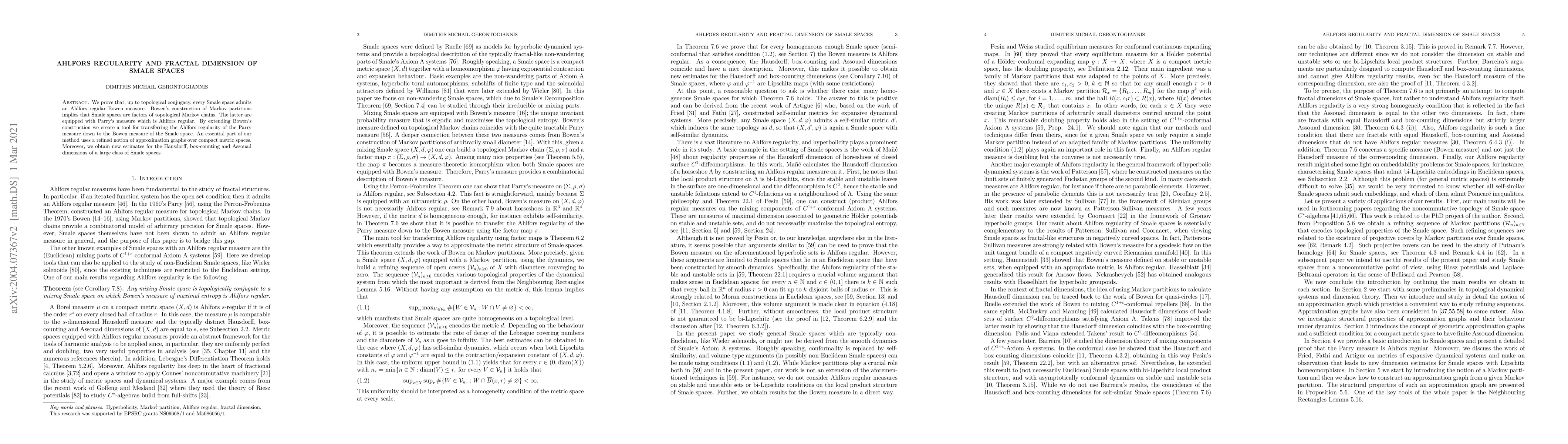 Thumbnail for Ahlfors regularity and fractal dimension of Smale spaces