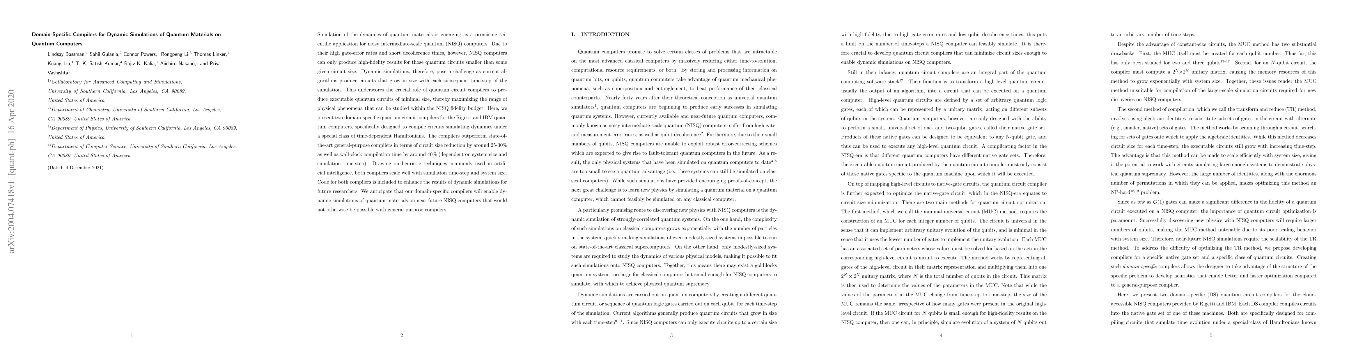 Thumbnail for Domain-Specific Compilers for Dynamic Simulations of Quantum Materials
  on Quantum Computers