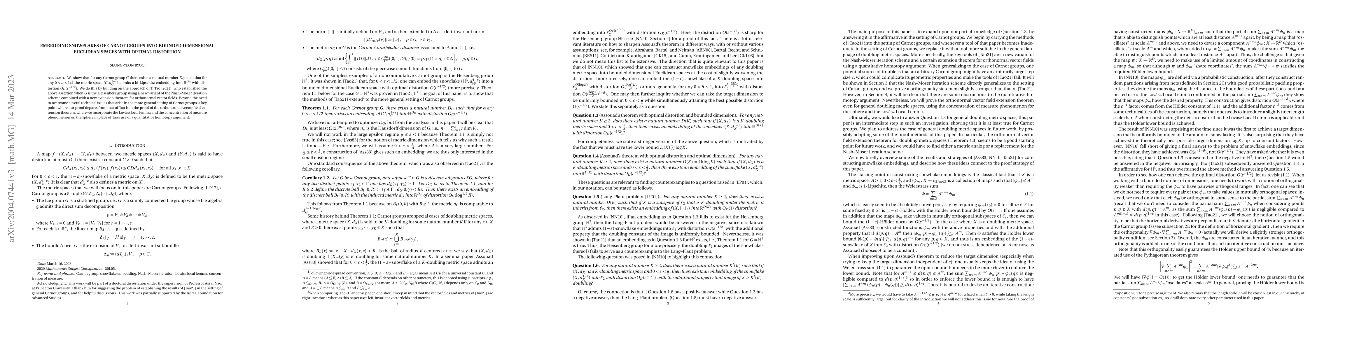 Thumbnail for Embedding snowflakes of Carnot groups into bounded dimensional Euclidean
  spaces with optimal distortion
