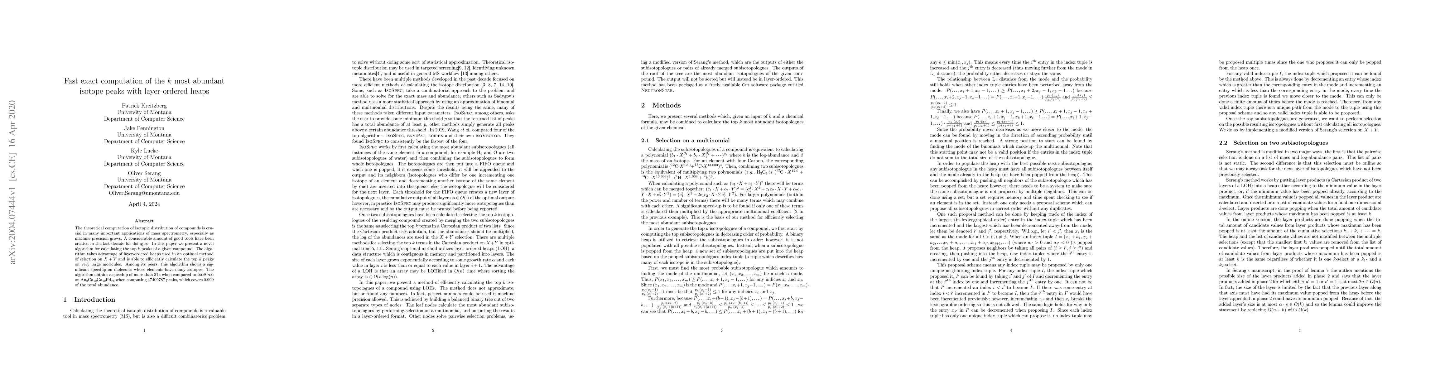 Thumbnail for Fast exact computation of the $k$ most abundant isotope peaks with
  layer-ordered heaps