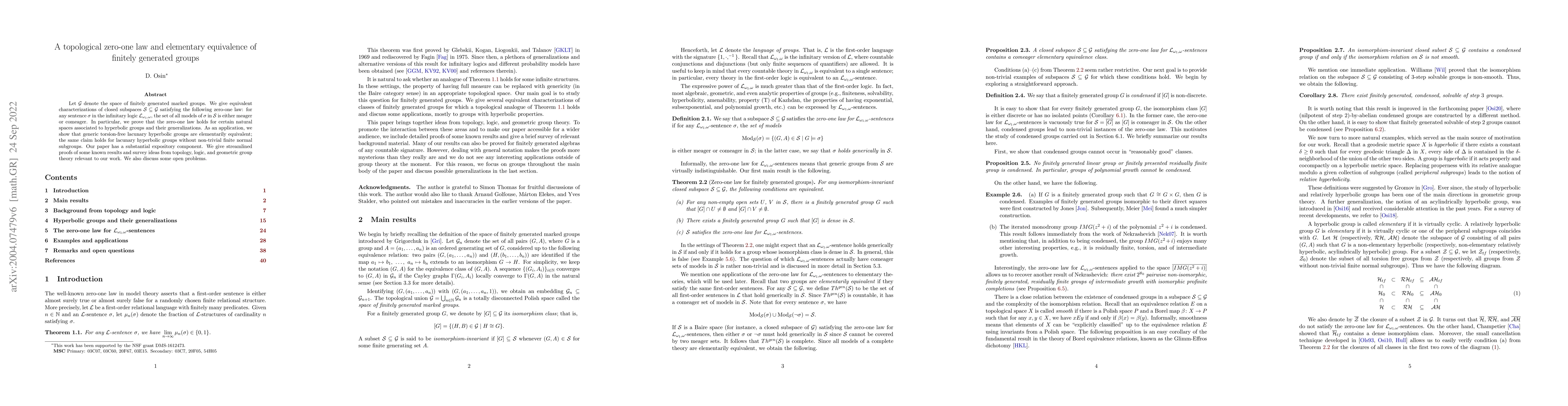 Thumbnail for A topological zero-one law and elementary equivalence of finitely
  generated groups
