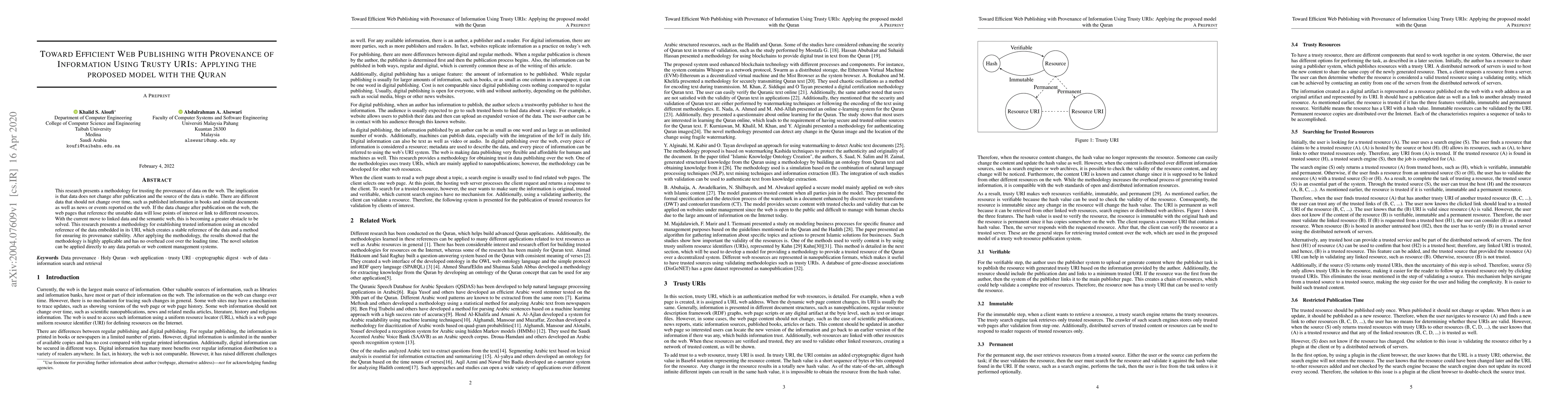 Thumbnail for Toward Efficient Web Publishing with Provenance of Information Using
  Trusty URIs: Applying the proposed model with the Quran
