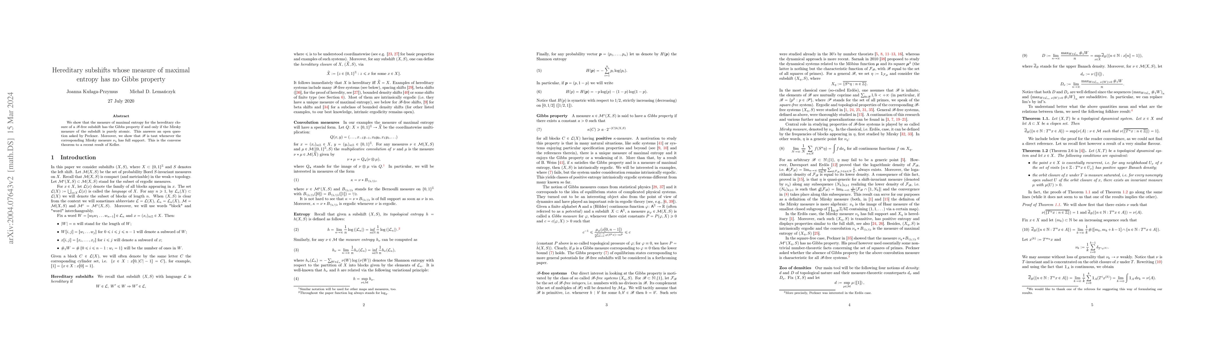 Thumbnail for Hereditary subshifts whose measure of maximal entropy has no Gibbs
  property
