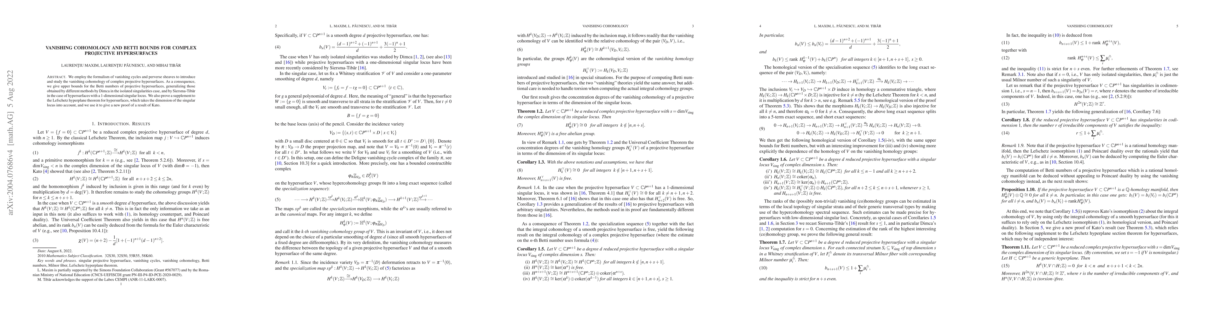 Thumbnail for Vanishing cohomology and Betti bounds for complex projective
  hypersurfaces