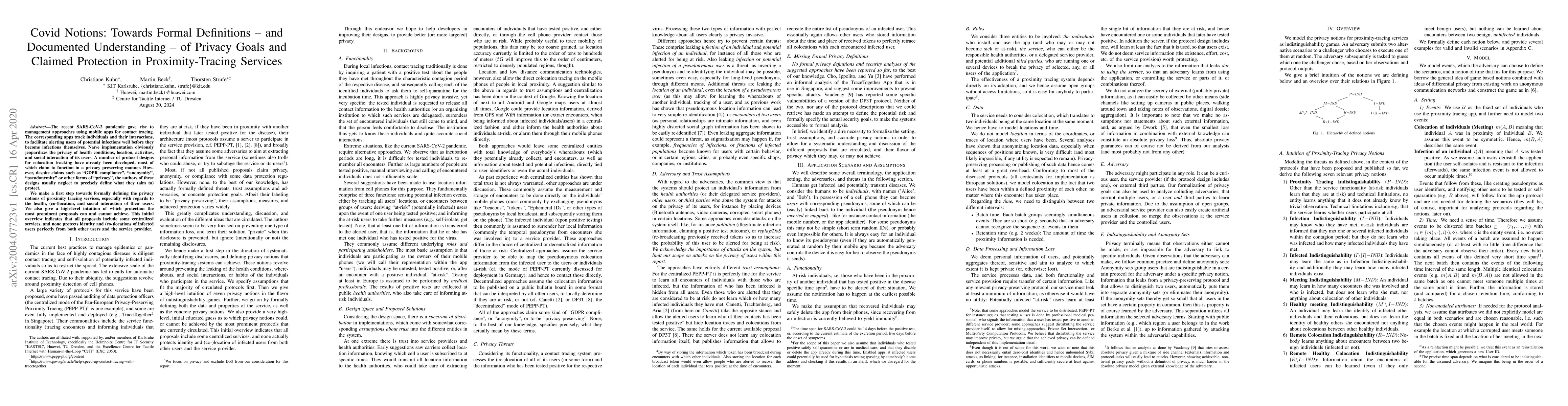 Thumbnail for Covid Notions: Towards Formal Definitions -- and Documented
  Understanding -- of Privacy Goals and Claimed Protection in Proximity-Tracing
  Services