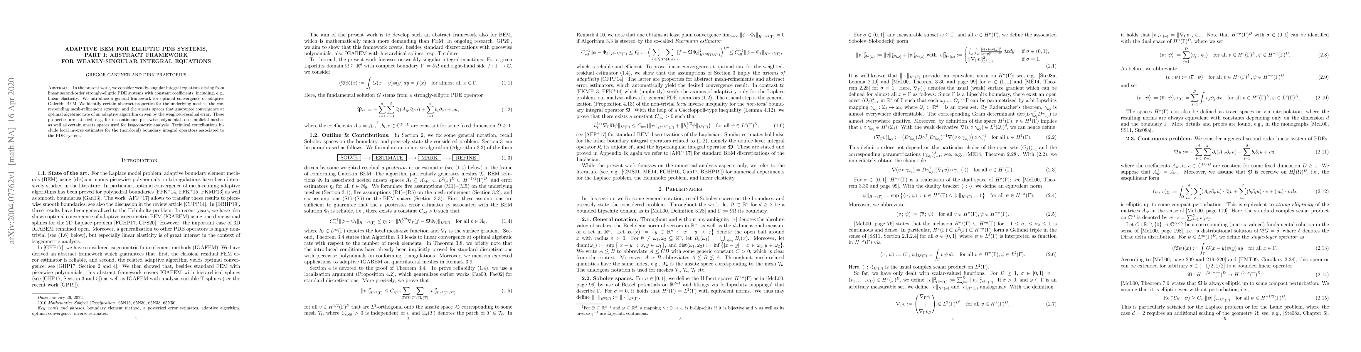 Thumbnail for Adaptive BEM for elliptic PDE systems, Part I: Abstract framework for
  weakly-singular integral equations