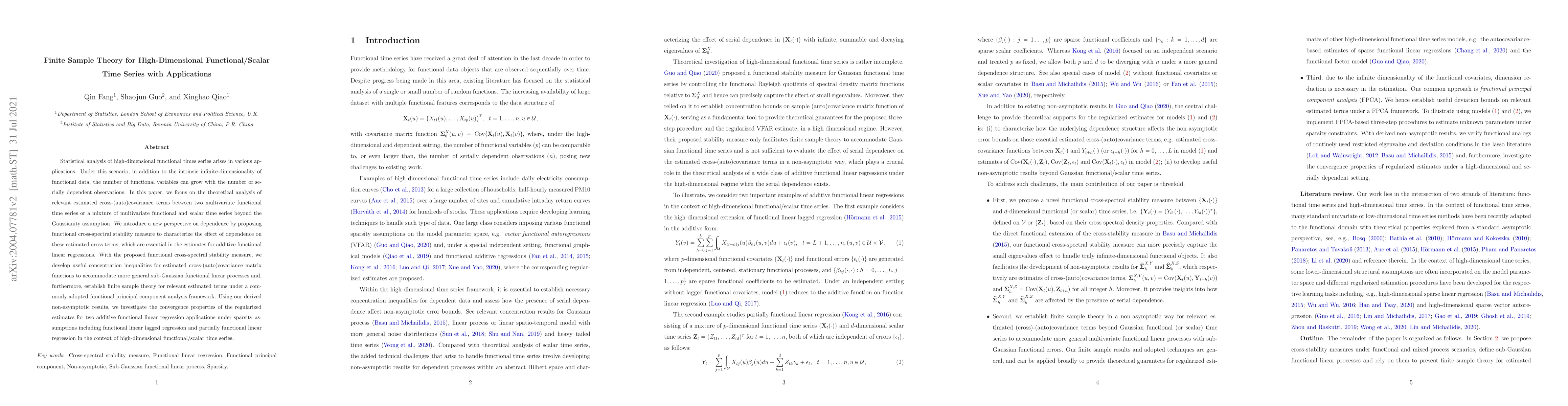 Thumbnail for Finite Sample Theory for High-Dimensional Functional/Scalar Time Series
  with Applications
