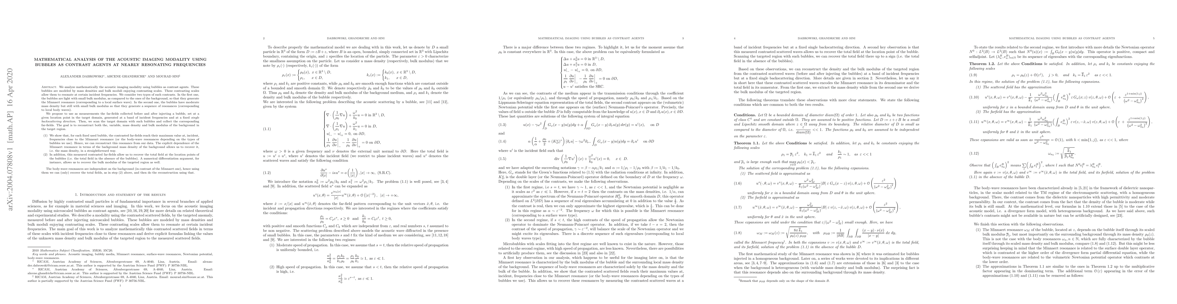 Thumbnail for Mathematical analysis of the acoustic imaging modality using bubbles as
  contrast agents at nearly resonating frequencies
