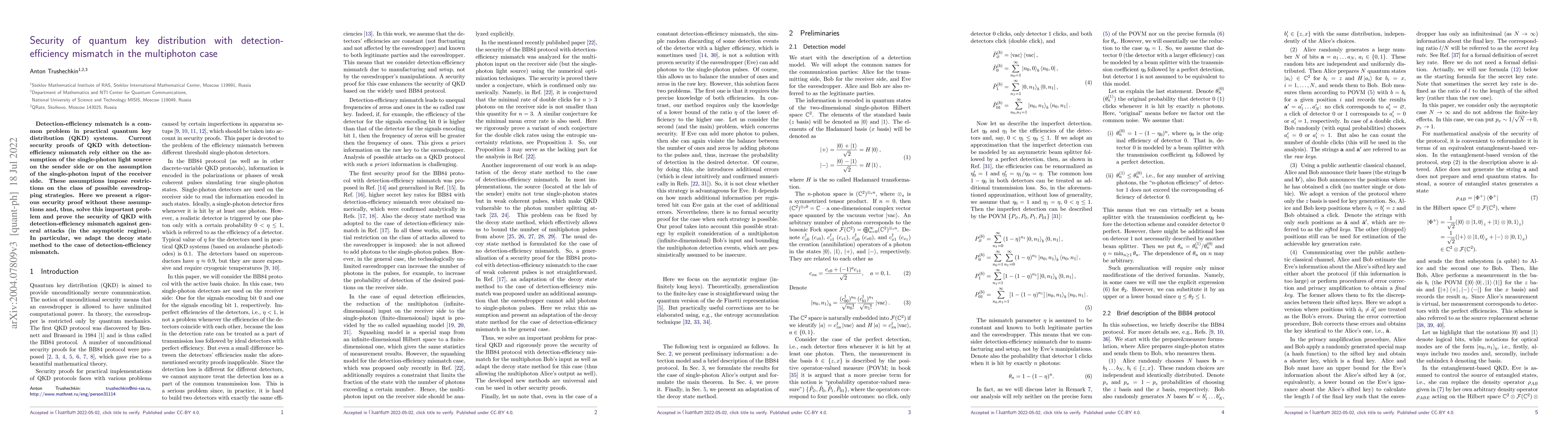 Thumbnail for Security of quantum key distribution with detection-efficiency mismatch
  in the multiphoton case