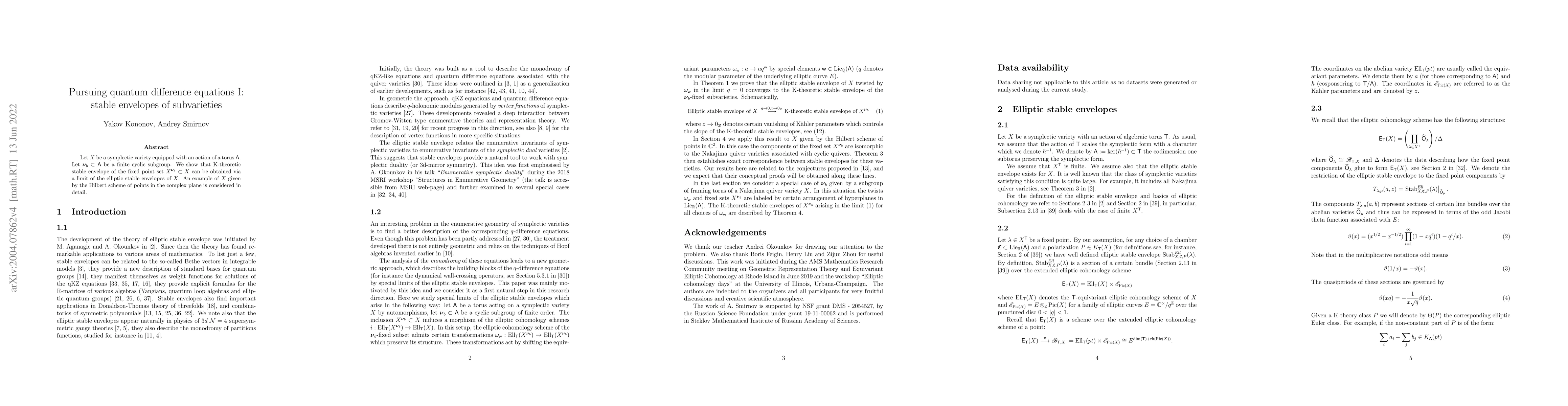 Thumbnail for Pursuing quantum difference equations I: stable envelopes of
  subvarieties