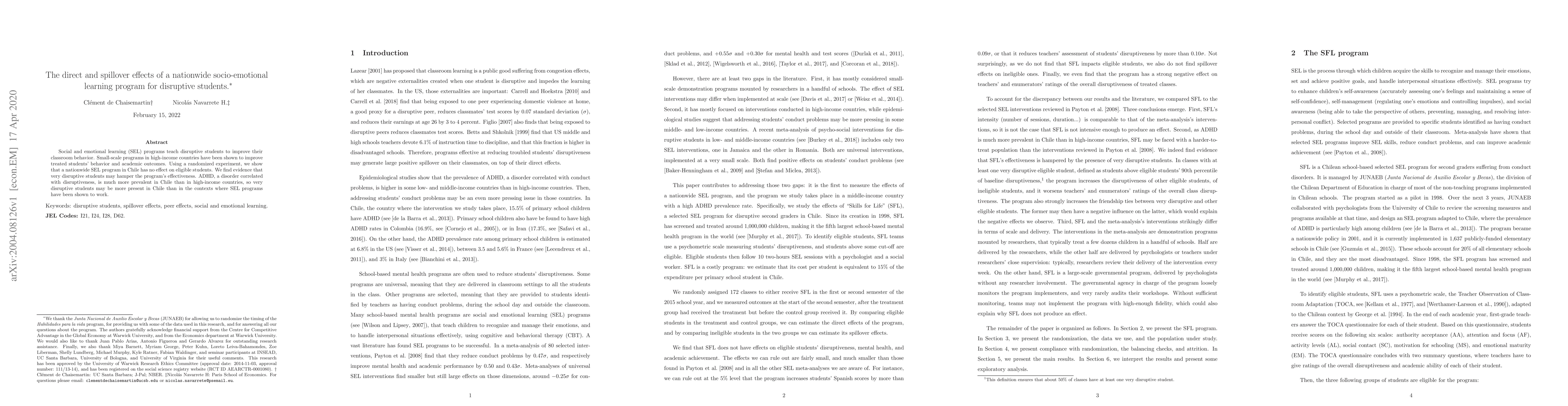 Thumbnail for The direct and spillover effects of a nationwide socio-emotional
  learning program for disruptive students