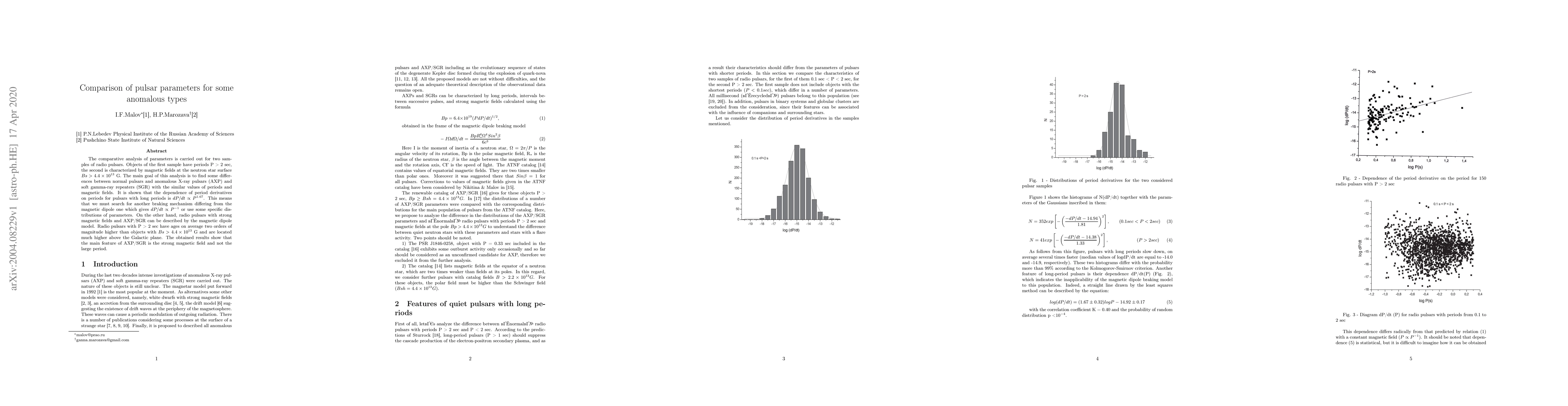 Thumbnail for Comparison of pulsar parameters for some anomalous types