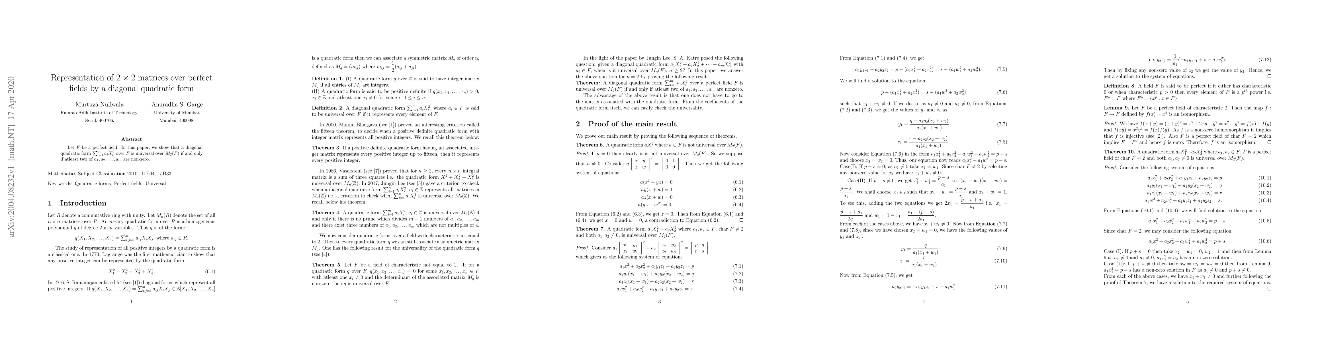 Thumbnail for Representation of two by two matrices over perfect fields by a diagonal
  quadratic form
