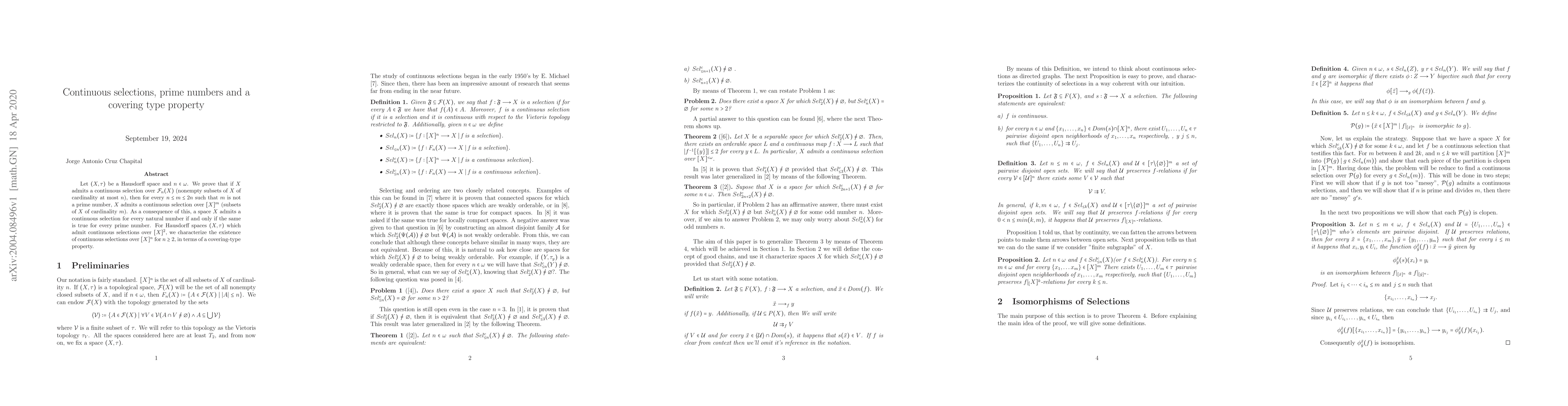 Thumbnail for Continuous selections, prime number and a covering type property