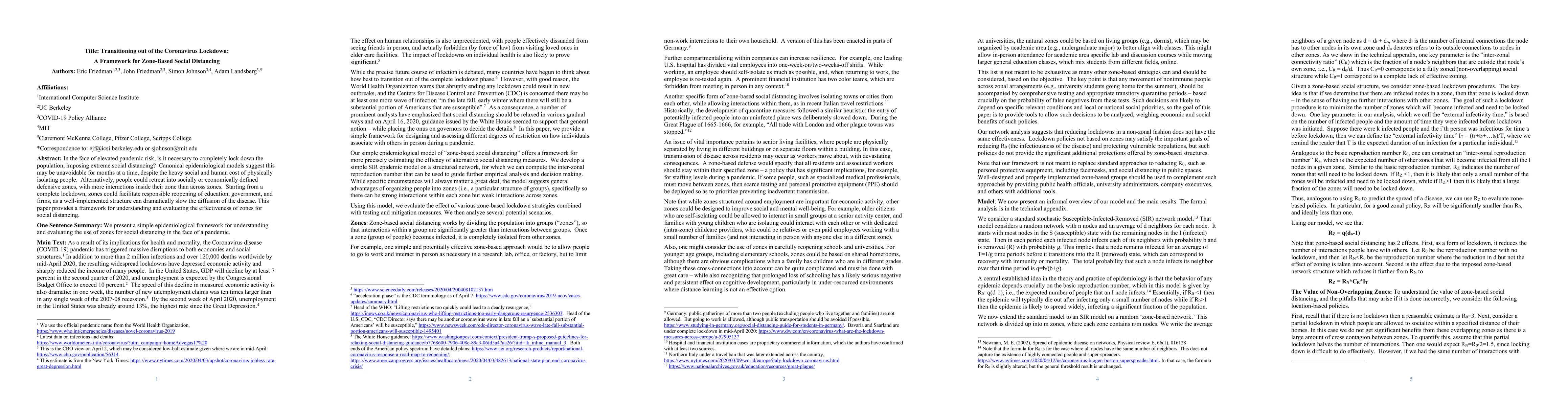 Thumbnail for Transitioning out of the Coronavirus Lockdown: A Framework for
  Zone-Based Social Distancing