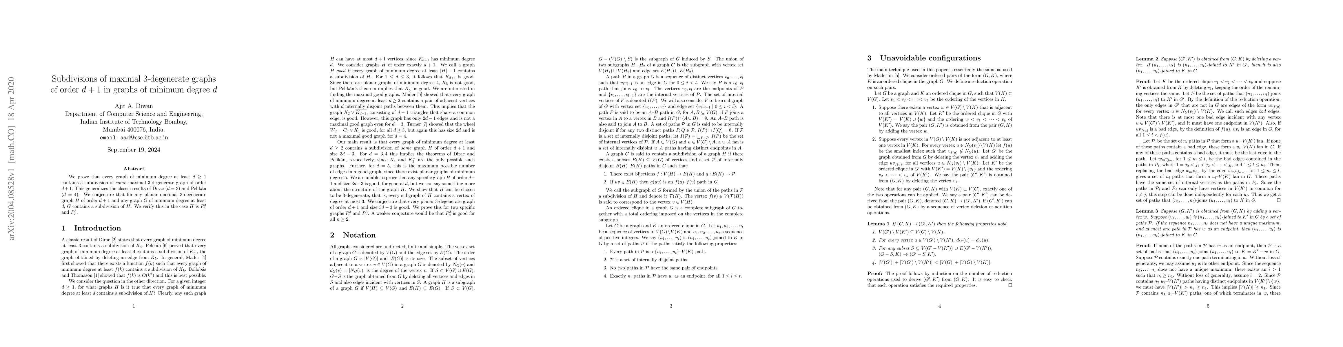Thumbnail for Subdivisions of maximal 3-degenerate graphs of order $d+1$ in graphs of
  minimum degree $d$