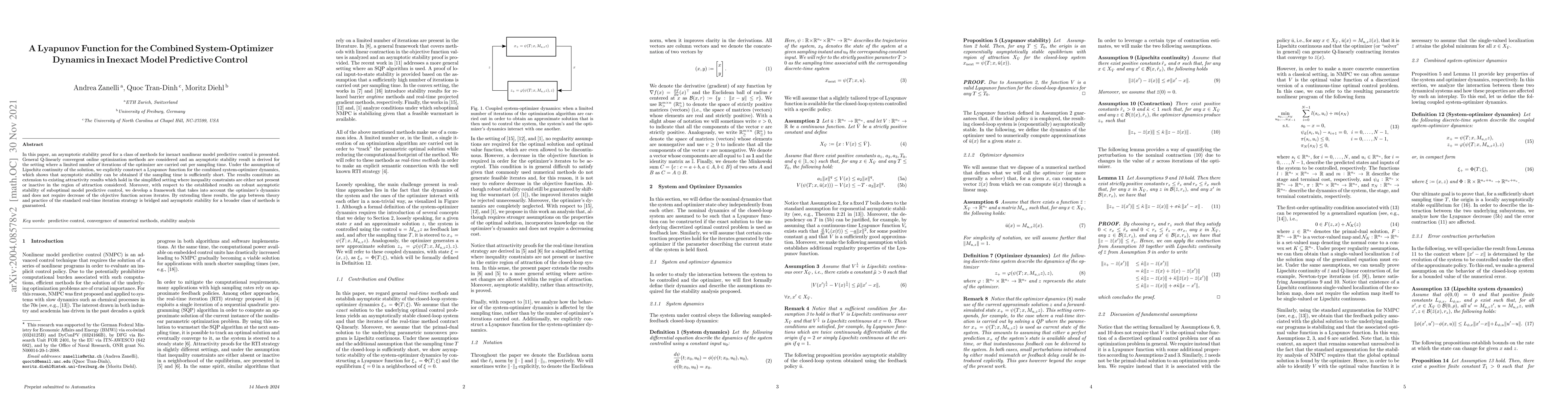 Thumbnail for A Lyapunov Function for the Combined System-Optimizer Dynamics in
  Inexact Model Predictive Control