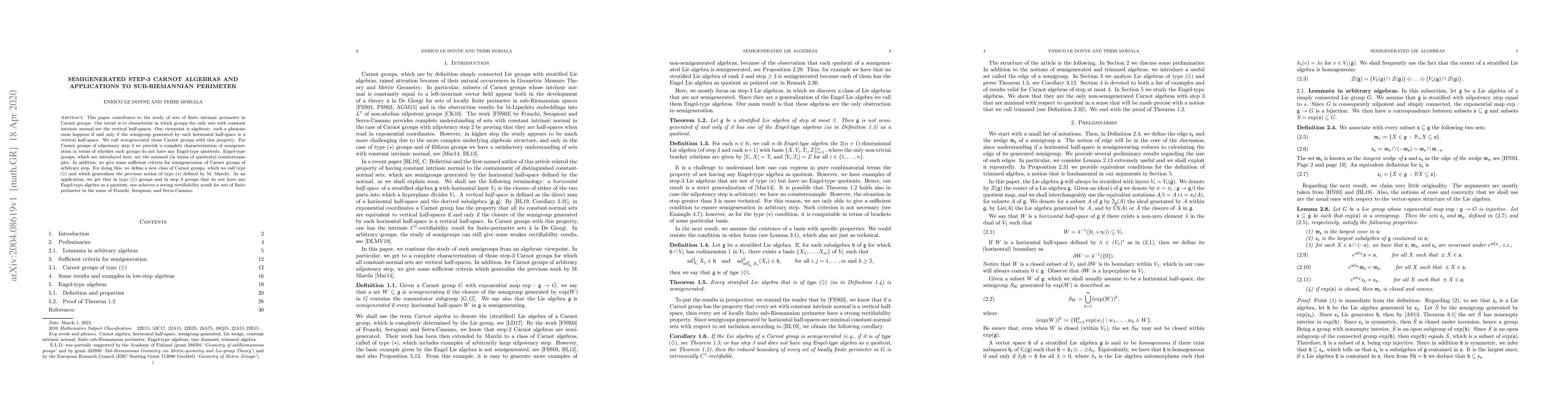 Thumbnail for Semigenerated step-3 Carnot algebras and applications to sub-Riemannian
  perimeter