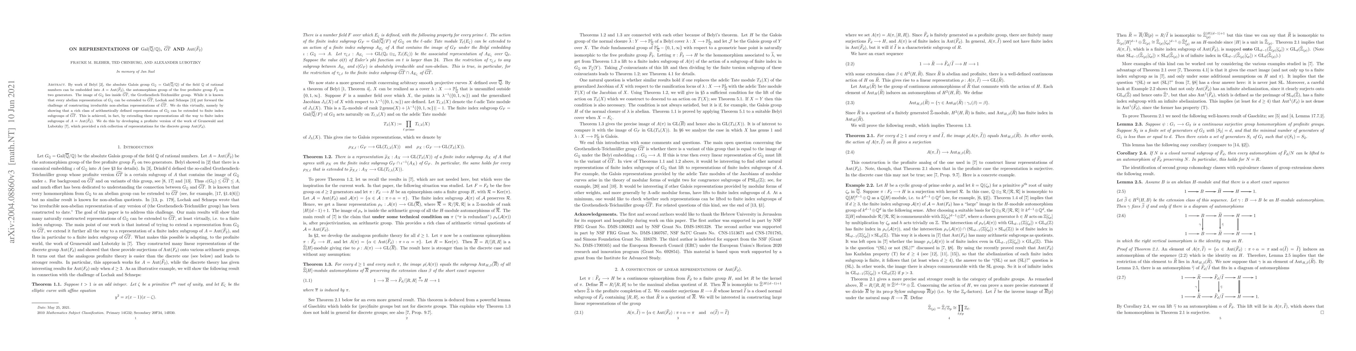 Thumbnail for On representations of $\mathrm{Gal}(\overline{\mathbb{Q}}/\mathbb{Q})$,
  $\widehat{GT}$ and $\mathrm{Aut}(\hat{F}_2)$
