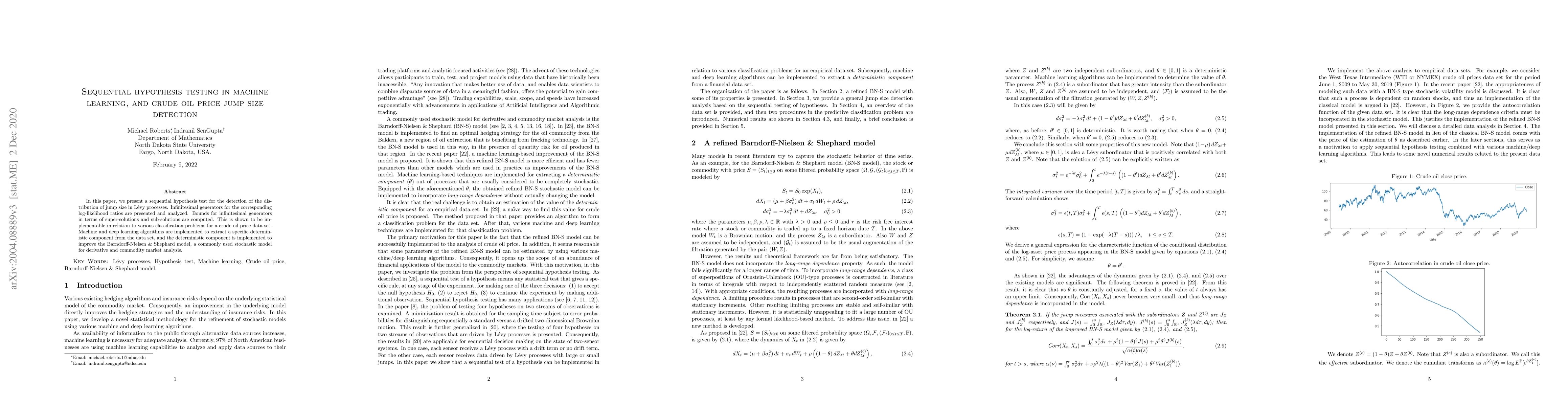 Thumbnail for Sequential hypothesis testing in machine learning, and crude oil price
  jump size detection