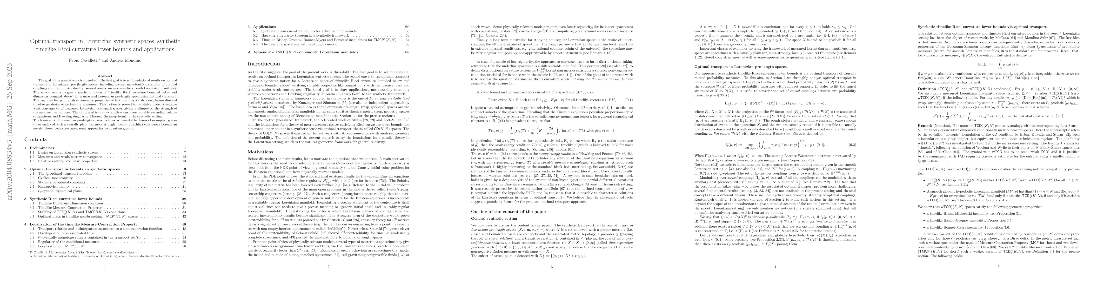 Thumbnail for Optimal transport in Lorentzian synthetic spaces, synthetic timelike
  Ricci curvature lower bounds and applications