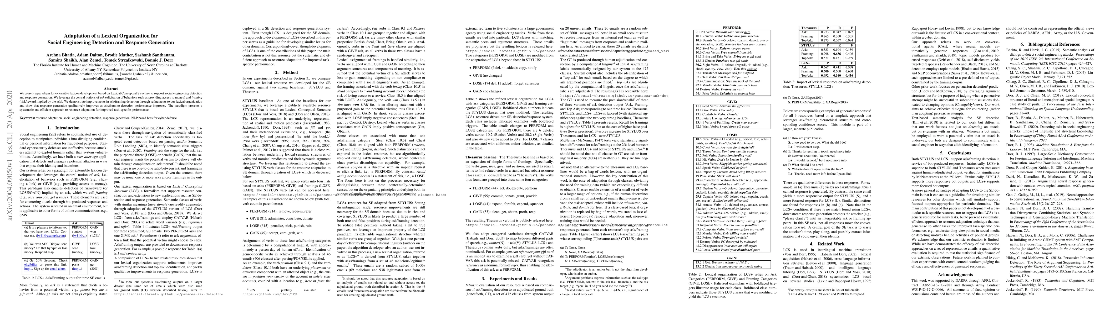 Thumbnail for Adaptation of a Lexical Organization for Social Engineering Detection
  and Response Generation