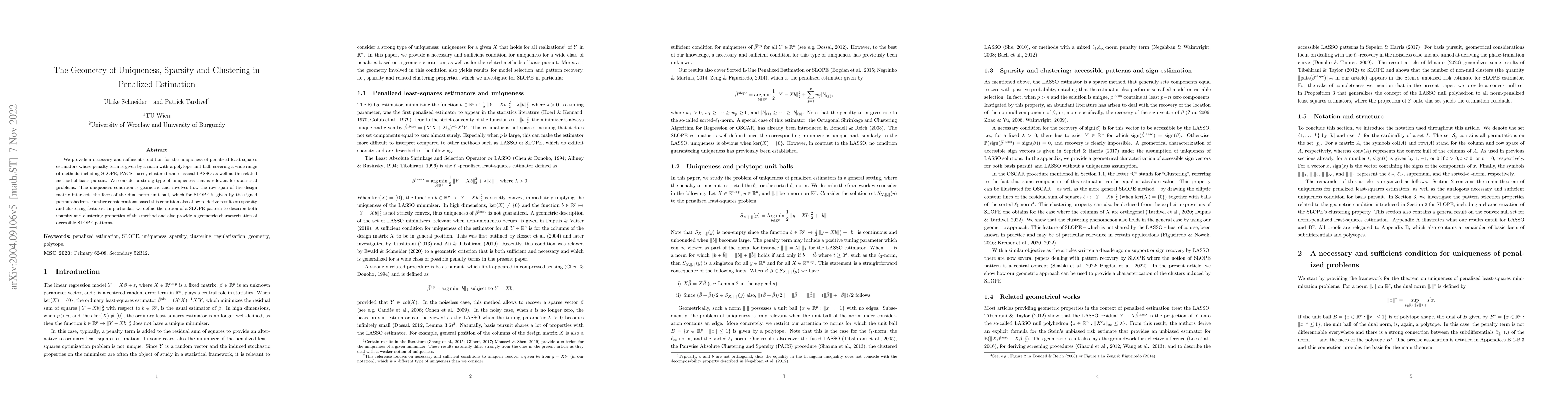 Thumbnail for The Geometry of Uniqueness, Sparsity and Clustering in Penalized
  Estimation
