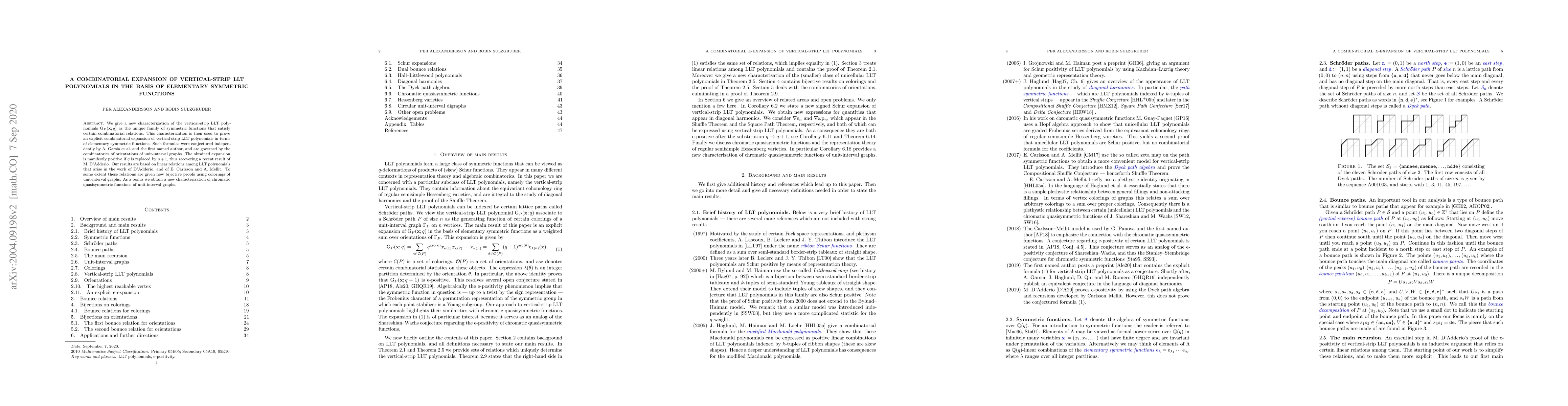 Thumbnail for A combinatorial expansion of vertical-strip LLT polynomials in the basis
  of elementary symmetric functions