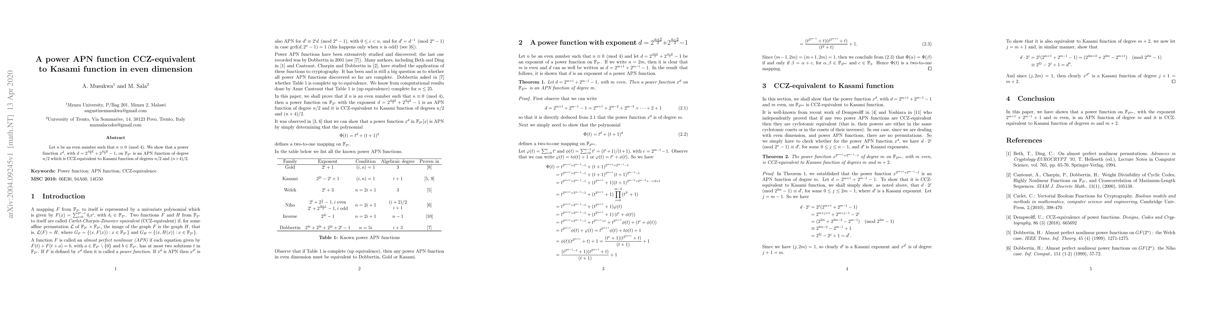 Thumbnail for A power APN function CCZ-equivalent to Kasami function in even dimension