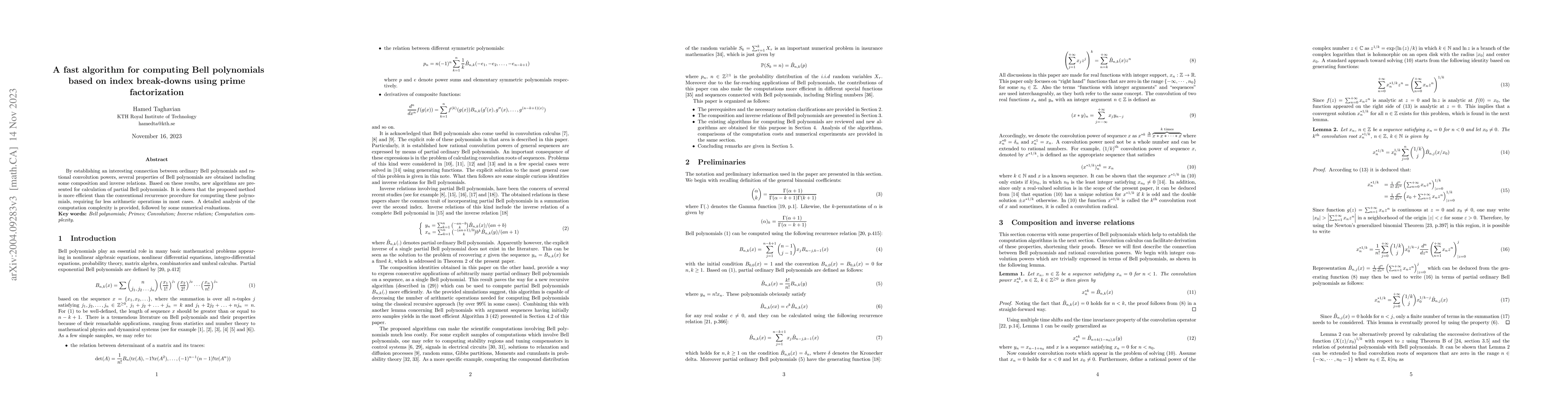 Thumbnail for A fast algorithm for computing Bell polynomials based on index
  break-downs using prime factorization