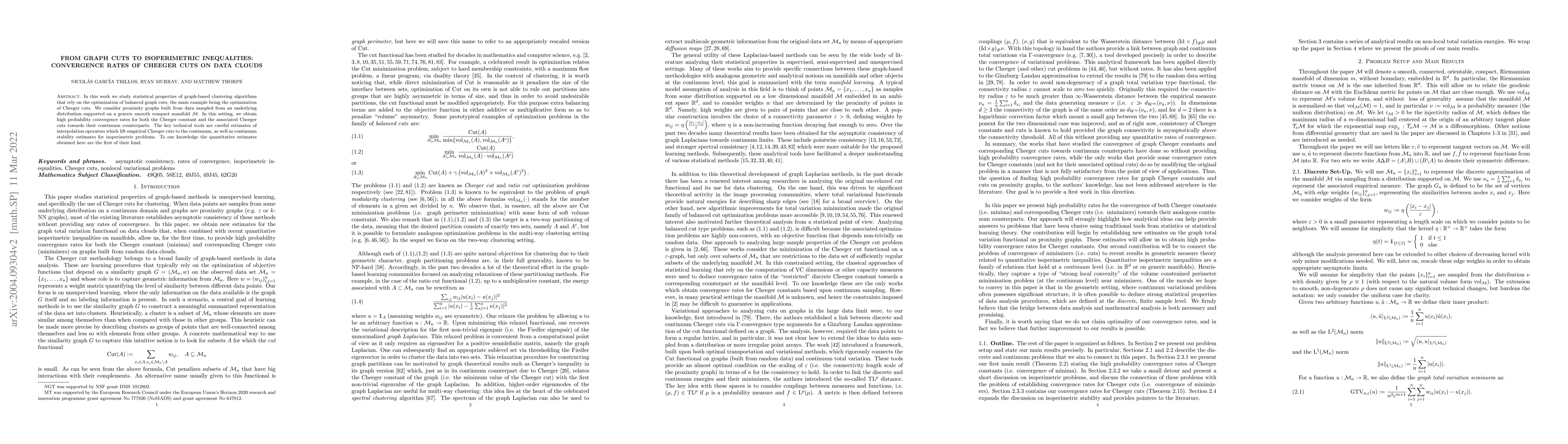Thumbnail for From graph cuts to isoperimetric inequalities: Convergence rates of
  Cheeger cuts on data clouds
