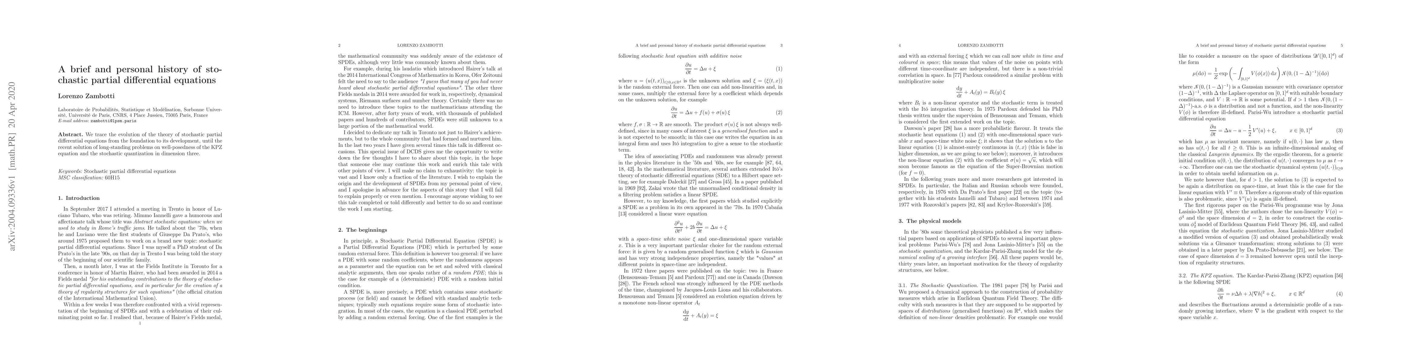 Thumbnail for A brief and personal history of stochastic partial differential
  equations