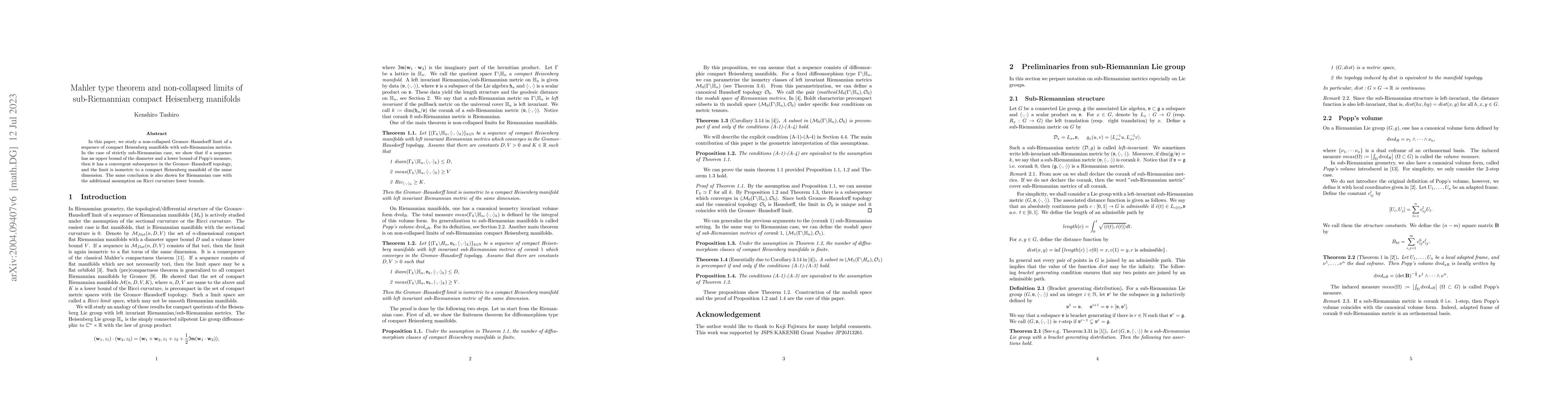Thumbnail for Mahler type theorem and non-collapsed limits of sub-Riemannian compact
  Heisenberg manifolds