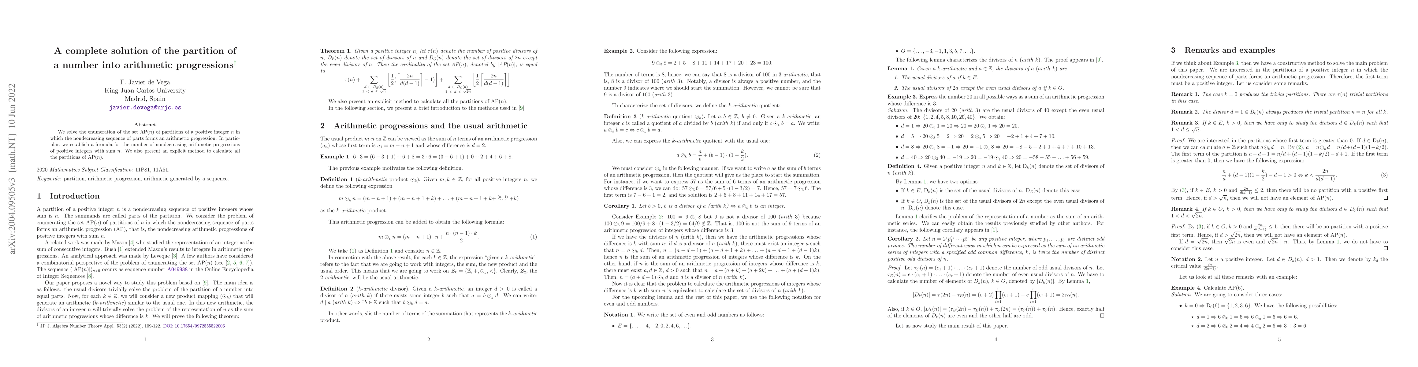 Thumbnail for A complete solution of the partition of a number into arithmetic
  progressions