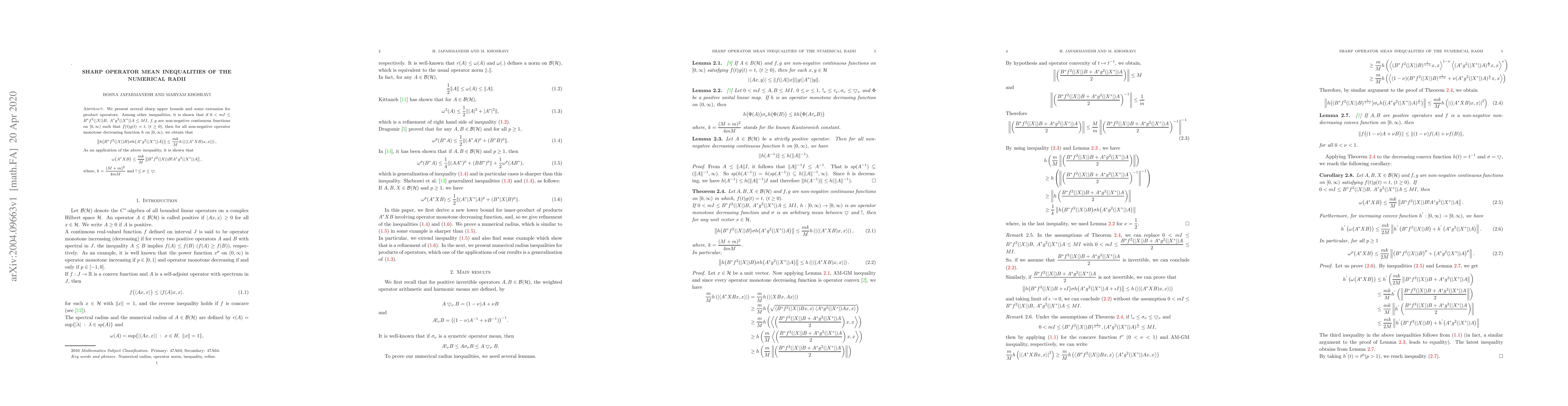 Thumbnail for Sharp operator mean inequalities of the numerical radii