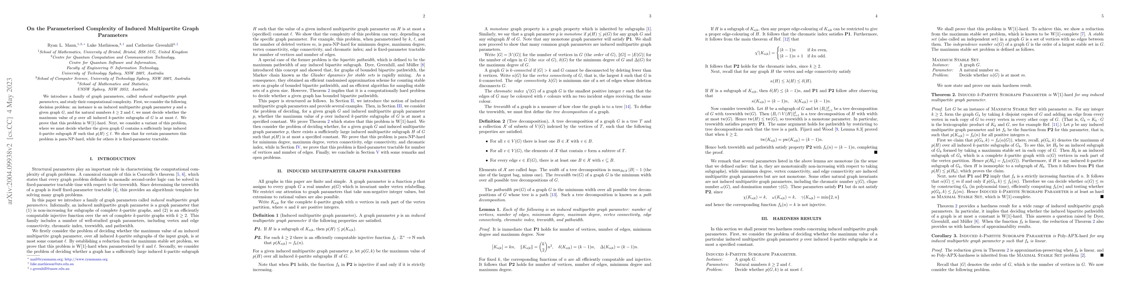 Thumbnail for On the Parameterised Complexity of Induced Multipartite Graph Parameters