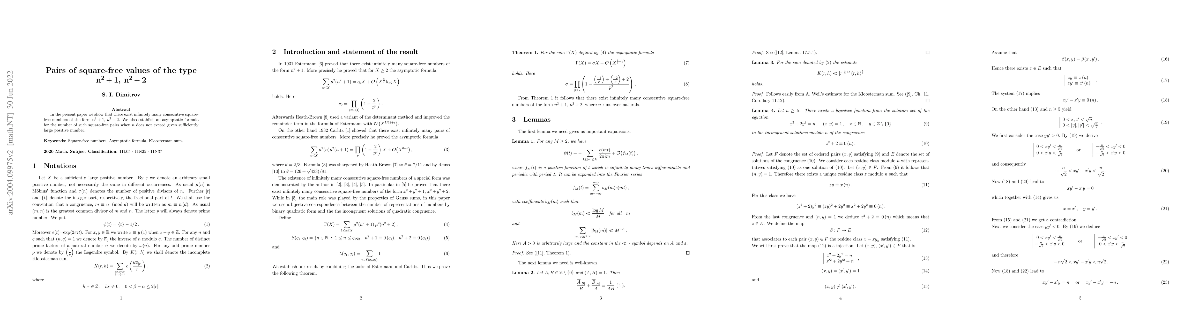 Thumbnail for Pairs of square-free values of the type $\mathbf{n^2+1}$,
  $\mathbf{n^2+2}$