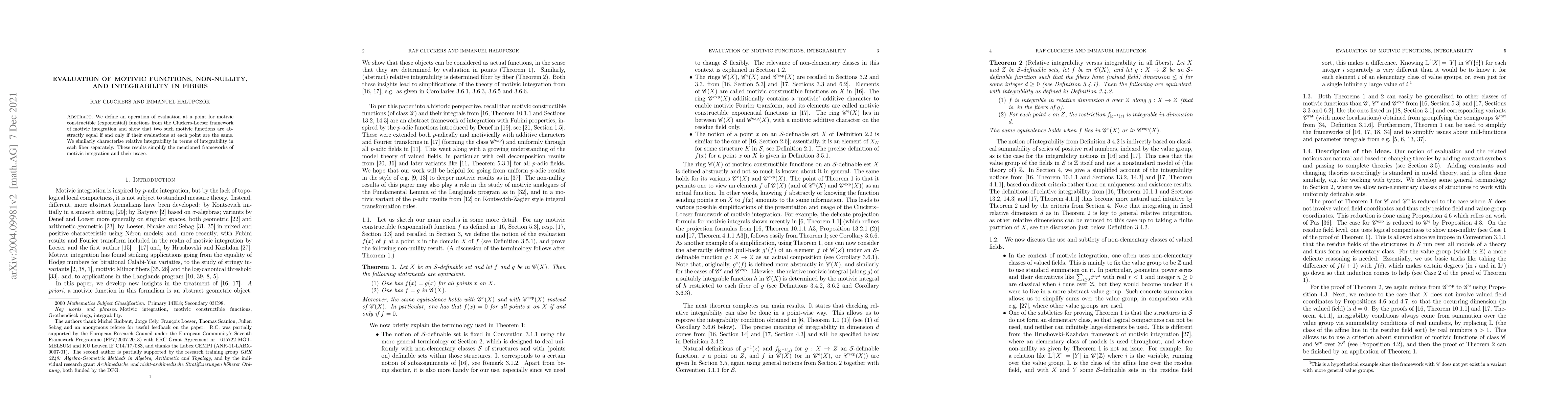 Thumbnail for Evaluation of motivic functions, non-nullity, and integrability in
  fibers