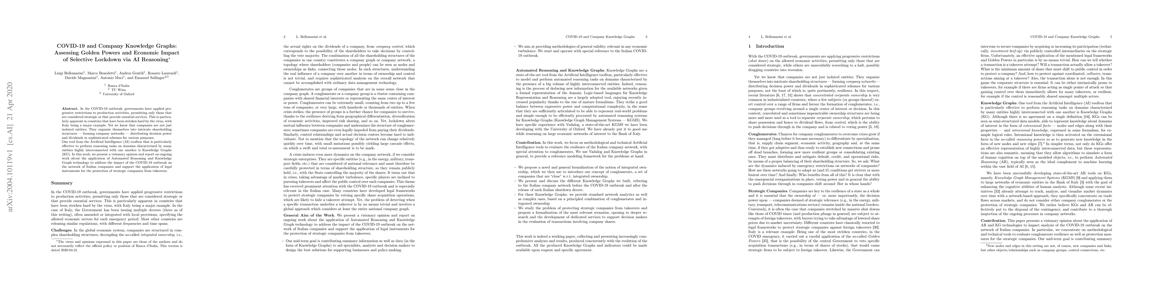 Thumbnail for COVID-19 and Company Knowledge Graphs: Assessing Golden Powers and
  Economic Impact of Selective Lockdown via AI Reasoning