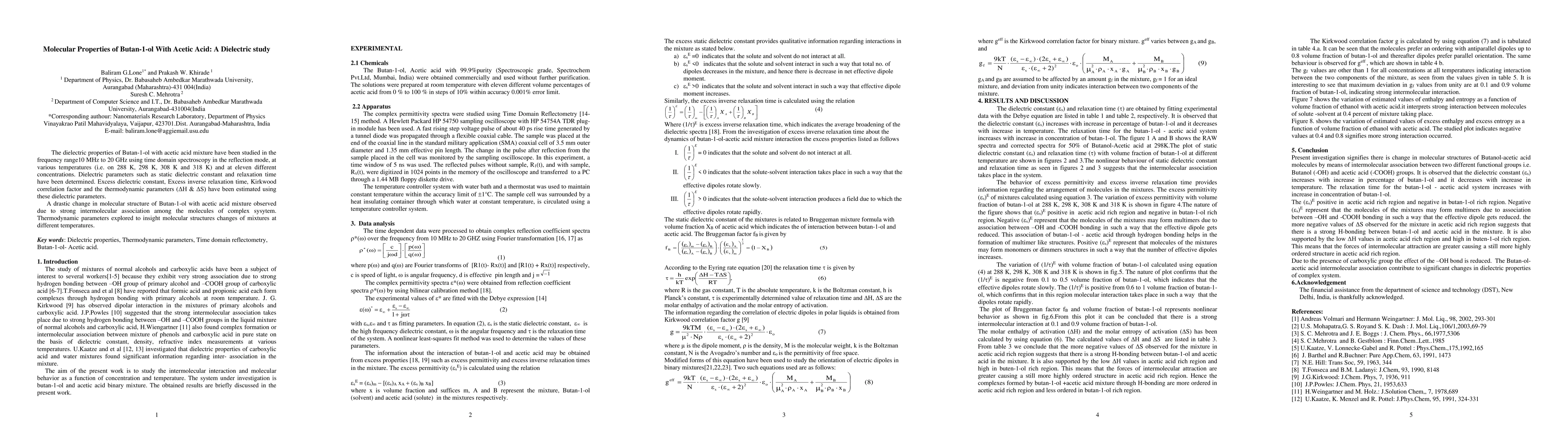 Thumbnail for Molecular Properties of Butan-1-ol With Acetic Acid: A Dielectric study