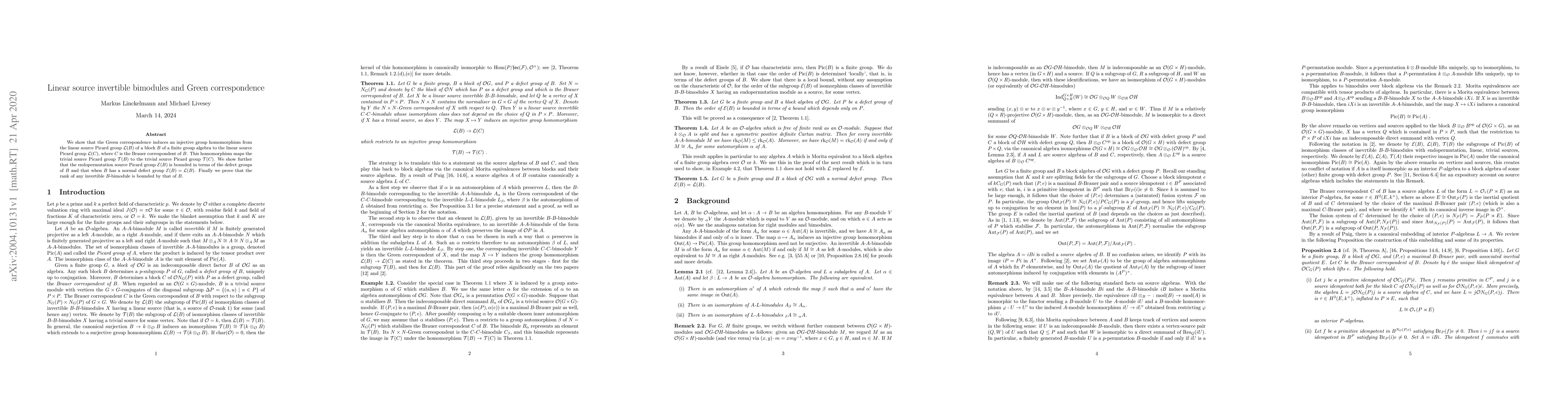 Thumbnail for Linear source invertible bimodules and Green correspondence