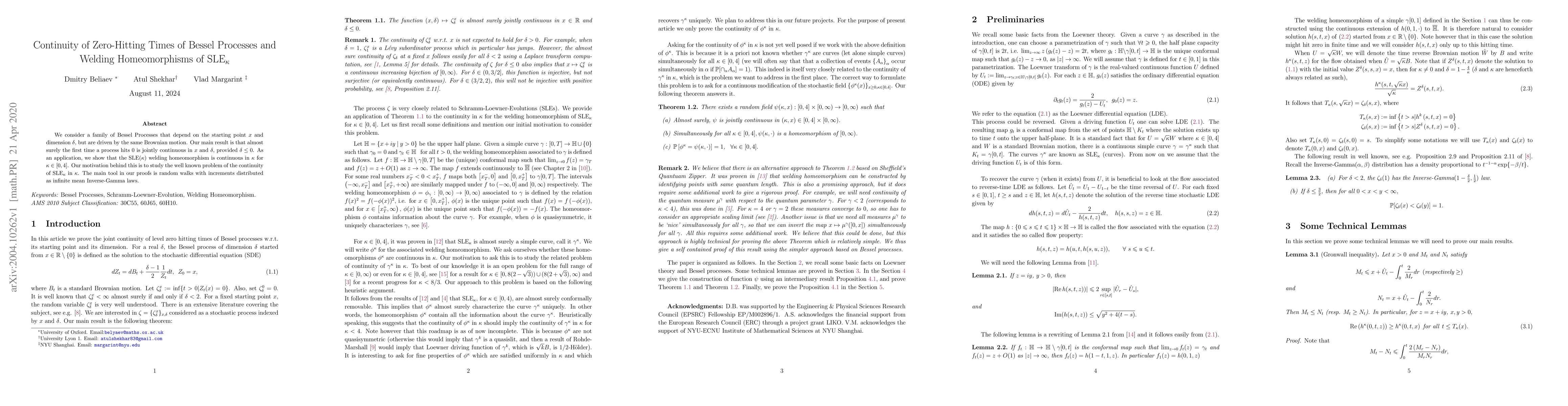 Thumbnail for Continuity of Zero-Hitting Times of Bessel Processes and Welding
  Homeomorphisms of SLE$_\kappa$