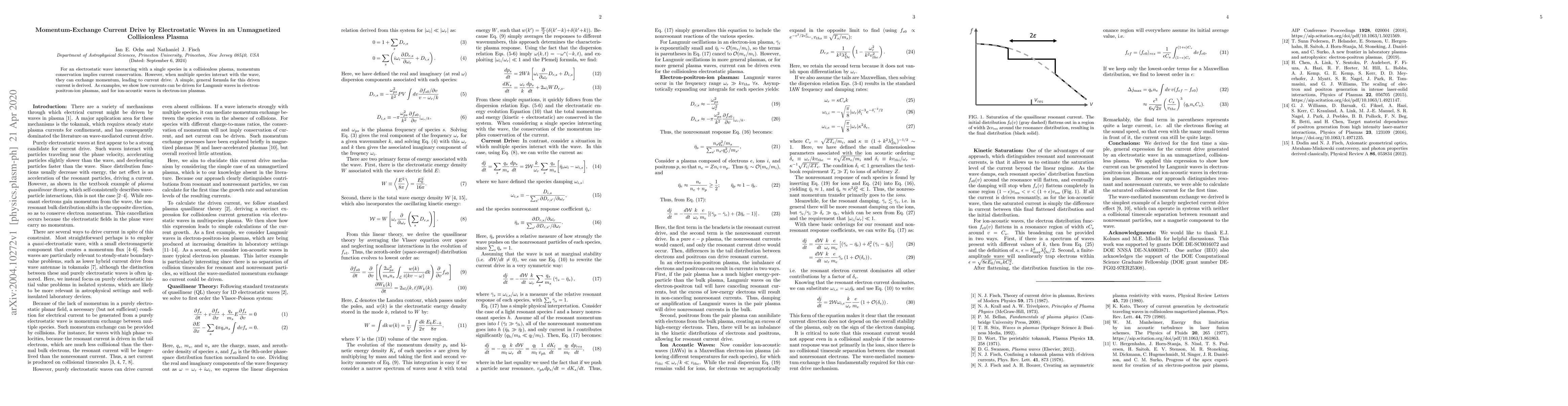 Thumbnail for Momentum-Exchange Current Drive by Electrostatic Waves in an
  Unmagnetized Collisionless Plasma