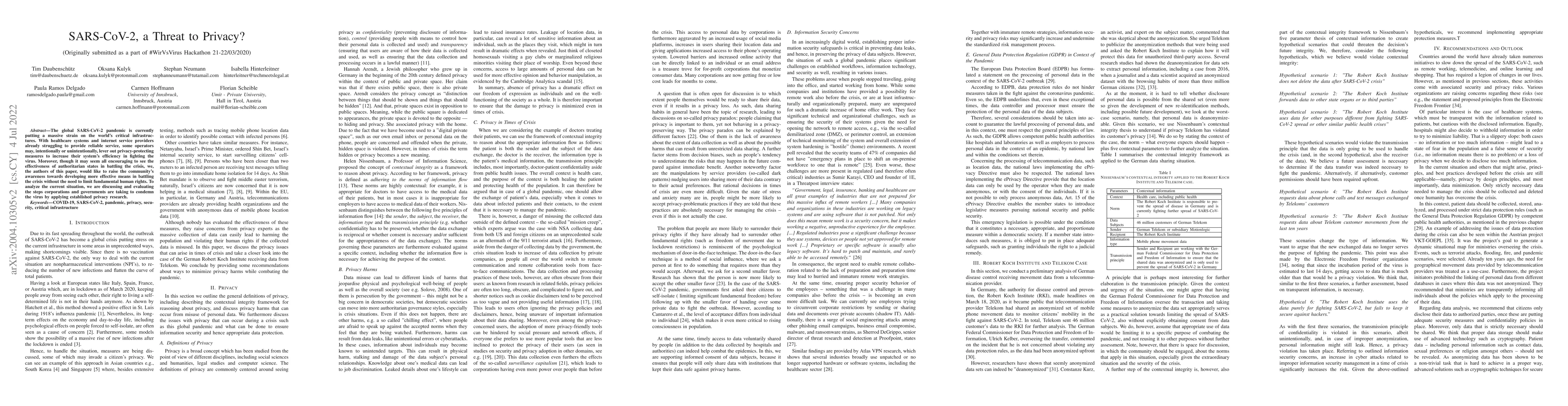 Thumbnail for SARS-CoV-2, a Threat to Privacy?